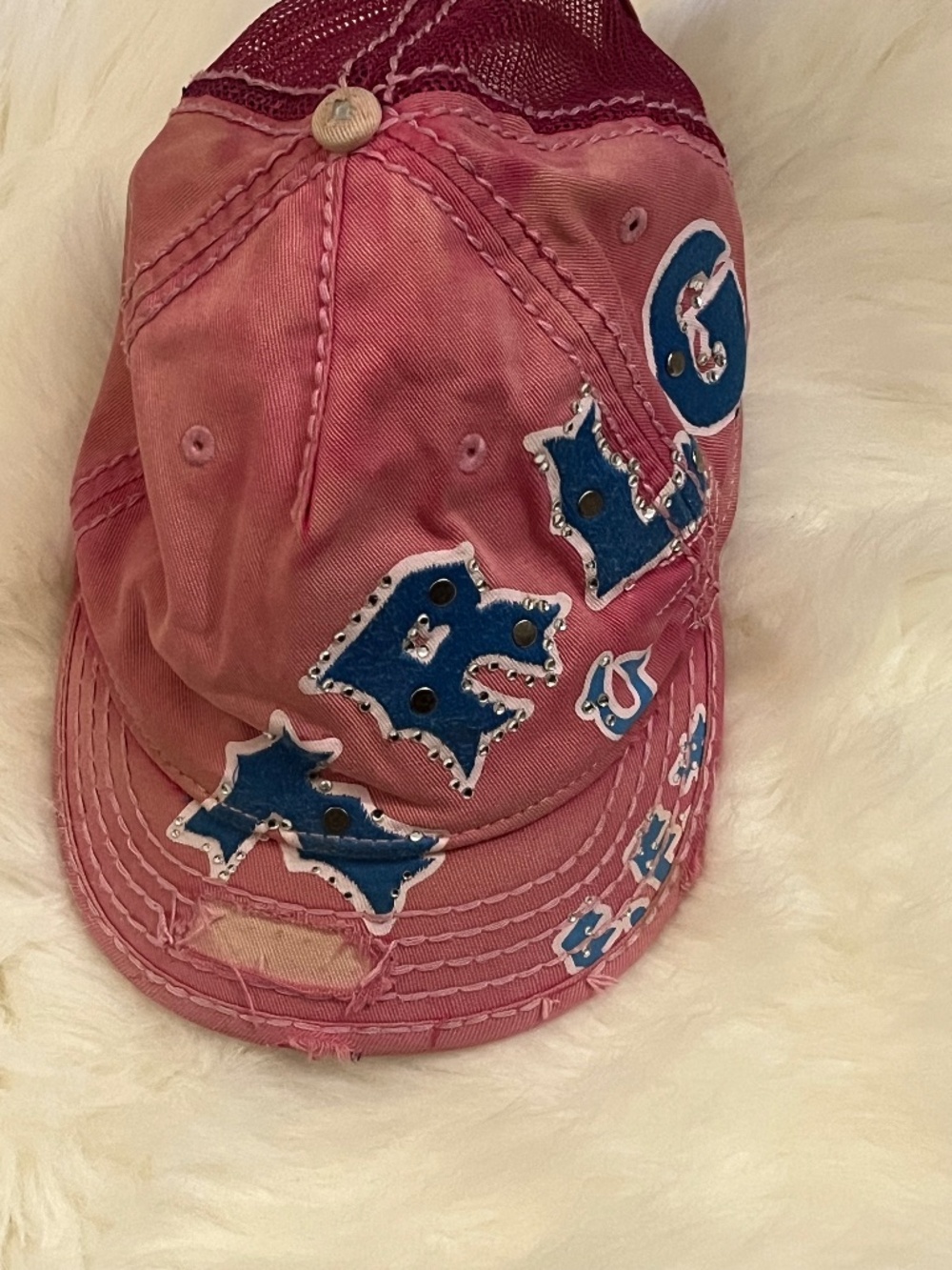 True Religion Y2K Distressed Trucker Hat Pink Blue Rhinestone Cap
